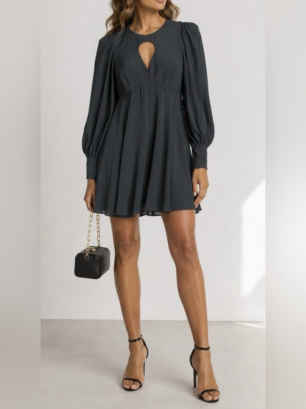 Zimmermann Dark Green Long-Sleeve Puff-Sleeve Mini Dress with Keyhole